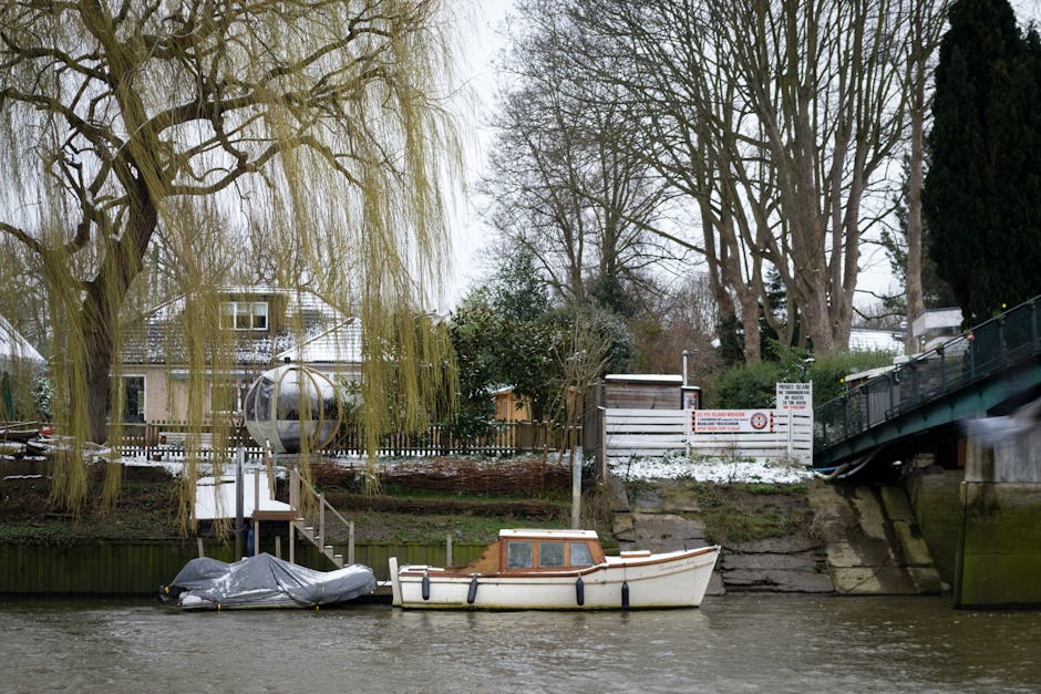 A scene along a riverbank showing a residential area with several large mature trees, one with yellowish, drooping branches, and a group of leafless trees in the background. There is snow on the ground and rooftops, indicating winter. A small wooden dock extends over the water, where a motorised boat with a brown wooden cabin and a white hull is moored, alongside a covered object or smaller boat wrapped in a grey tarp. Nearby, cardboard boxes and packing materials are visible on the grass and the dock, suggesting recent or ongoing packing for home relocation. In the background, a wooden fence and a small outbuilding are partially obscured by trees and bushes. To the right, a metal bridge with a dark green structure spans the river, with a motion blur on the water indicating gentle movement. The overall scene appears calm and is consistent with a residential residential setting where furniture transport and packing are in progress, supported by a professional removals service such as Removal Companies Twickenham during a house move or furniture transport operation.